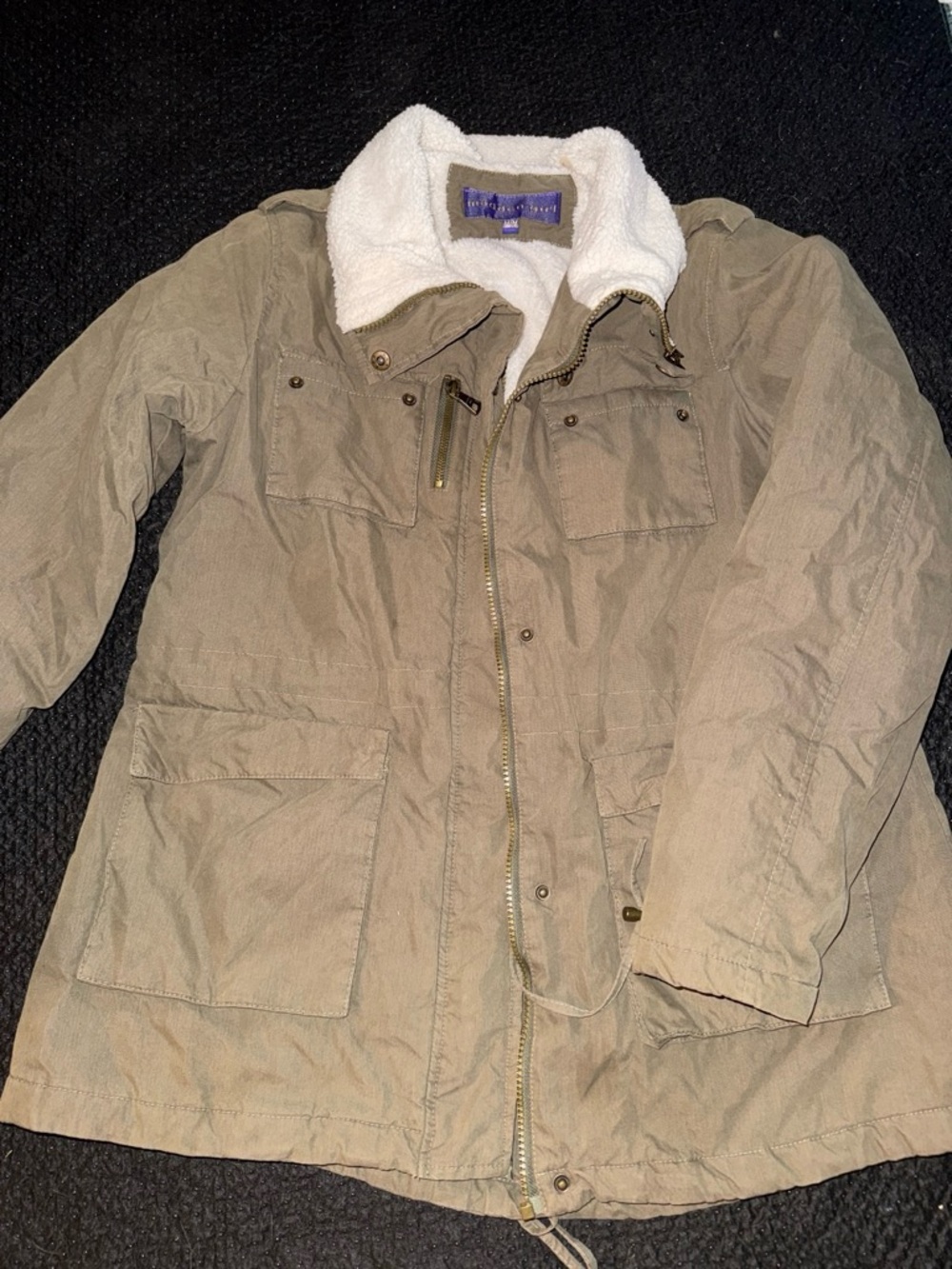Y2K Madden Girl Olive Utility Jacket with White Sherpa Collar - removable collar